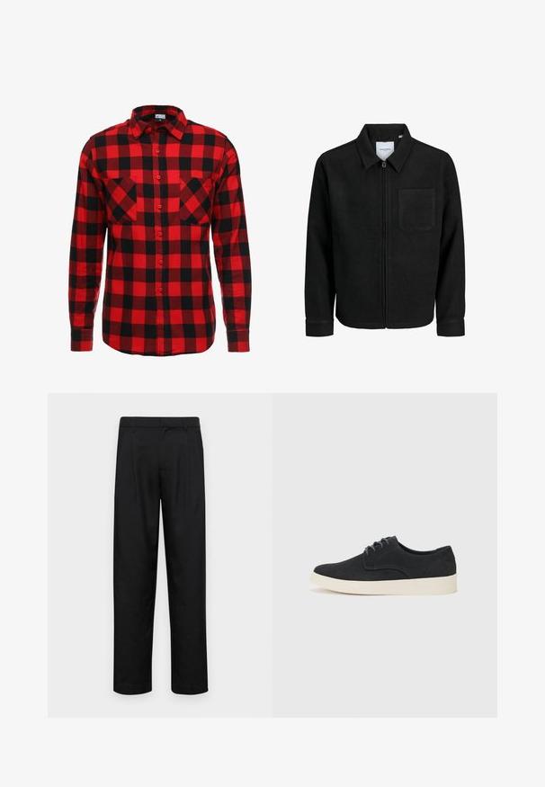 Giacca nera con zip, colletto e una tasca sul petto, mostrata su sfondo bianco.; Camicia di flanella a quadri rossa e nera con chiusura a bottoni, maniche lunghe e due tasche sul petto. Tessuto texture con motivo a scacchi.; Pantaloni neri realizzati in tessuto liscio, caratterizzati da un taglio dritto, due pieghe frontali e una vita standard con passanti per la cintura.; Scarpa in suede nera con lacci, punta arrotondata, suola leggera color crema e dettagli di cucitura blu discreti sulla parte superiore.