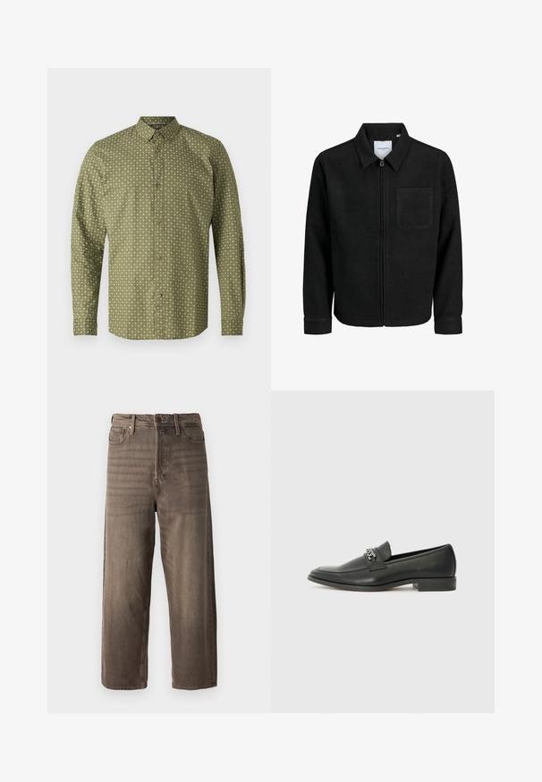 Mustaga lukuga jakker, millel on krae ja üks rinna-tasku, esitatud valgel taustal.; Roheline pika varrukaga särk, millel on kraega kaelus, valge plussmärkide mustriga ja pruunide nööpidega ees. Sile tekstuur.; Prunad laiad teksapüksid, mis on valmistatud denimist. Omab lukuga kannet, vöölukke ja viit taskut. Kangas näitab tuhmuvat, tekstuurset välimust.; Must haveate nahkking punased, millel on sile viimistlus, tikitud muster ja dekoratiivne metallkett vampi üle. Tasane konts.