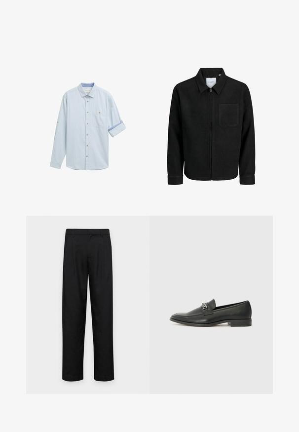 Svart zip-jacka med krage och en enda bröstficka, visad på vit bakgrund.; Ljusblå skjorta med lång ärm, uppvikta manschetter, ett enda bröstfick och bruna knappar för knäppning. Mjuk tygtextur.; Svarta byxor i slät väv, med rak ben-design, två framfickor och standardmidja med bälteshällor.; Svart läderloafers med en slät yta, med en sydd design och en dekorativ metallkedjeaccent över västen. Platt häldesign.