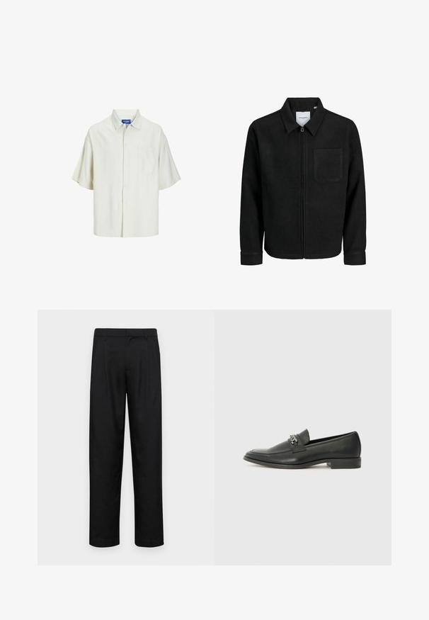 Giacca nera con zip, colletto e una tasca sul petto, mostrata su sfondo bianco.; Camicia a maniche corte con bottoni in tessuto color crema chiaro, caratterizzata da una tasca sul petto, vestibilità rilassata e un design colletto classico.; Pantaloni neri realizzati in tessuto liscio, caratterizzati da un taglio dritto, due pieghe frontali e una vita standard con passanti per la cintura.; Mocassino in pelle nera con finitura liscia, caratterizzato da un design cucito e da un accento decorativo in catena metallica sul vamp. Tacco piatto.