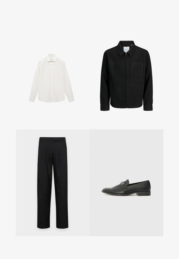 Čierna zipsová bunda s golierom a jednou náprsníkou, vystavená na bielom pozadí.; Biela košeľa s dlhým rukávom a golierom s gombíkmi, s jemnými vertikálnymi pruhmi, prednými gombíkmi a mierne zaobleným lemom.; Čierne nohavice vyrobené z hladkej tkaniny, s rovnými nohavicami, dvoma prednými skladmi a štandardným pásom s pútkami na opasok.; Čierne kožené loafers s hladkým povrchom, s prešitým dizajnom a dekoratívnym kovovým reťazovým akcentom cez priehlavok. Plochý podpätok.