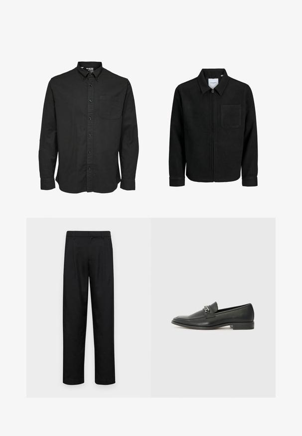 Mustaga lukuga jakker, millel on krae ja üks rinna-tasku, esitatud valgel taustal.; Must nahaähneline nööbiga särk mustas puuvillakangas, millel on tavaline krae, ees-tasku ja vastavad mustad nööbid.; Mustad mustadest riietest, millel on sirge jalgade disain, kaks eesmist voltimist ja tavaline vöökoht, millel on vöökohad.; Must haveate nahkking punased, millel on sile viimistlus, tikitud muster ja dekoratiivne metallkett vampi üle. Tasane konts.