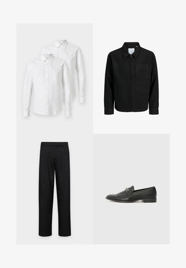 Schwarze Zip-Jacke mit Kragen und einer einzelnen Brusttasche, auf weißem Hintergrund präsentiert.; Zwei weiße Langarmhemden aus Baumwolle mit Knopfleiste, spitzem Kragen und geraden Manschetten. Glatte Textur, ohne Muster.; Schwarze Hose aus glattem Stoff, mit geradem Bein Design, zwei vorderen Falten und einem Standardbund mit Gürtelschlaufen.; Schwarzer Lederloafer mit glatter Oberfläche, ausgestattet mit einer gesteppten Gestaltung und einem dekorativen Metallkettendetail über dem Vorderblatt. Flacher Absatz.