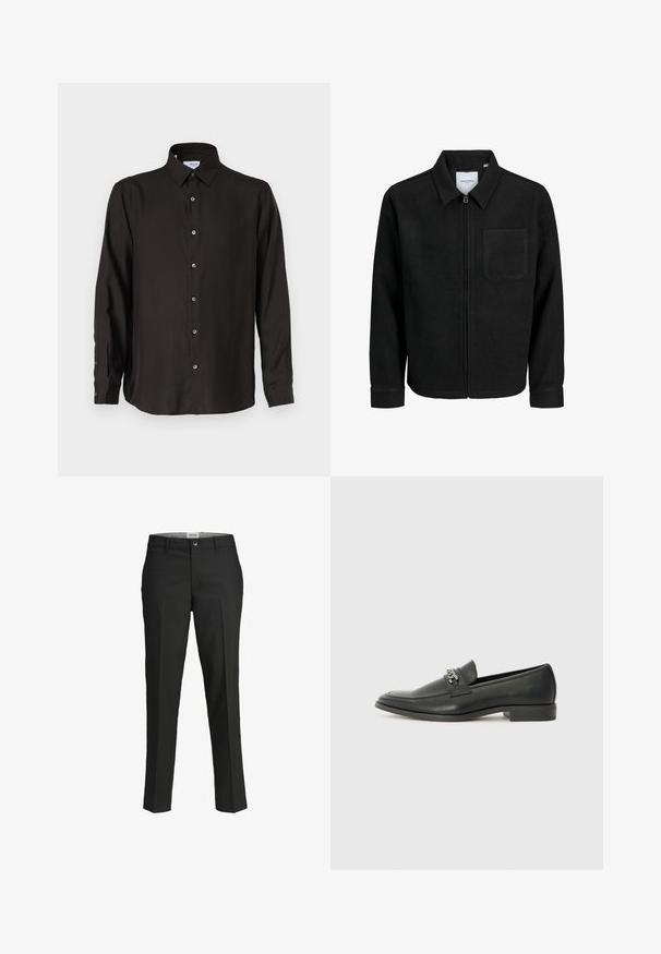 Juodas džemperis su užtrauktuku, apykakle ir vienu krūtiniu kišenėje, pristatytas baltame fone.; Juodas ilgomis rankovėmis marškinys, pagamintas iš lygios medžiagos, su mygtukų užsegimu, smailiu apykakle ir suapvalintu kraštu, turintis kontrastingus mygtukus.; Juodos kelnes, pritaikytas siluetas, lygus audinys, vidutinio aukščio liemuo, priekyje su užsegimu, kampinės kišenės ir raukšlės detalės palei kojas.; Juodos odinės loafer tipo bateliai su lygiu paviršiumi, turintys siuvinėtą dizainą ir dekoratyvų metalo grandinėlės akcentą ant batų viršaus. Plokščias kulnas.