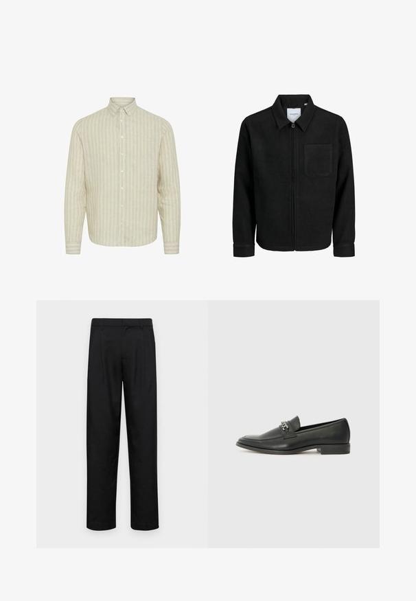 Musta vetoketjullinen takki, jossa on kaulus ja yksi rintatasku, esitelty valkoista taustaa vasten.; Vaaleanbeige pitkähihaisesti paita, jossa on pystysuorat raidat. Tekstuurista kangasta, jossa on nappikaulus ja etunapit.; Mustat housut, jotka on valmistettu sileästä kankaasta, suoran lahkeen muotoilulla, kahdella etupleekillä ja tavanomaisella vyötäröllä, jossa on vyölenkit.; Musta nahkakengät, joissa on sileä pinta, koristeelliset ompeleet ja metalliketjun yksityiskohta kengän päällä. Littee korko.