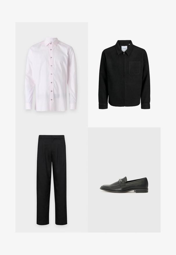 Giacca nera con zip, colletto e una tasca sul petto, mostrata su sfondo bianco.; Camicia a maniche lunghe di un delicato rosa, realizzata in tessuto liscio. Presenta un colletto a punta e una chiusura frontale con bottoni a contrasto.; Pantaloni neri realizzati in tessuto liscio, caratterizzati da un taglio dritto, due pieghe frontali e una vita standard con passanti per la cintura.; Mocassino in pelle nera con finitura liscia, caratterizzato da un design cucito e da un accento decorativo in catena metallica sul vamp. Tacco piatto.