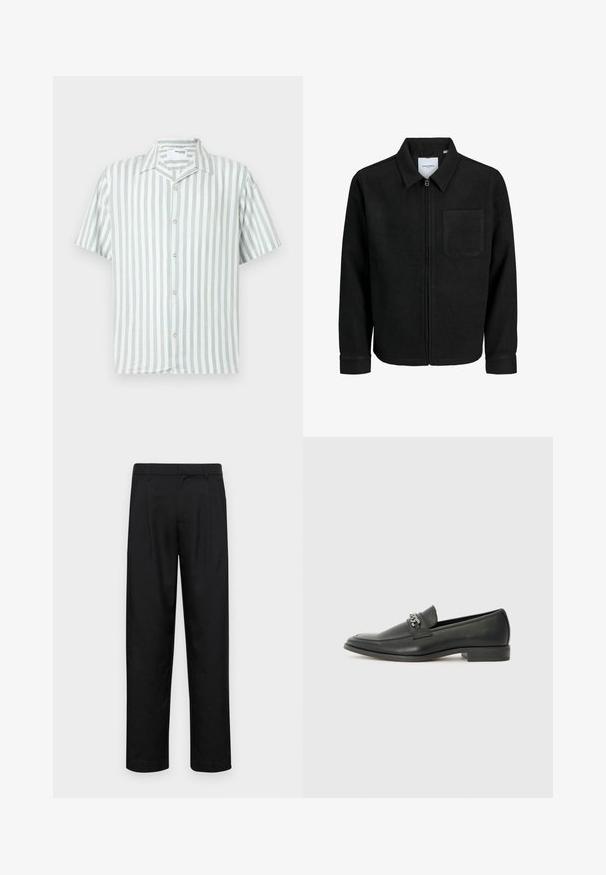 Melna jaka ar rāvējslēdzēju un apkakli, vienu krūšu kabatu, parādīta uz baltas fona.; Kreklu ar īsām piedurknēm gaiši zaļā un baltā vertikālas svītras, ar izgrieztu apkakli un piecām pogām, kas izgatavotas no gaišas krāsas materiāla.; Melnas bikses, izgatavotas no gludas auduma, ar taisnu kāju dizainu, divām priekšējām krokām un standarta jostu, kurai ir āķi.; Melna ādas loafer izmēra apavi ar gludu virsmu, piedāvā ar šūtu dizainu un dekoratīvu metāla ķēdes akcentu pār vampu. Plakana papēža daļa.