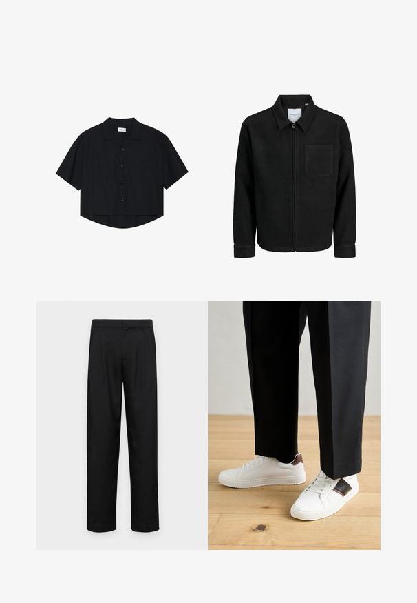 Czarna kurtka z zamkiem na całej długości, z kołnierzem i jedną kieszenią na piersi, umieszczona na białym tle.; Czarna koszula z krótkim rękawem zapinana na guziki, z kołnierzykiem i przednią kieszenią, charakteryzująca się lekko zaokrąglonym dołem oraz luźnym krojem.; Czarne spodnie wykonane z gładkiego materiału, z prostą nogawką, dwoma fałdami z przodu oraz standardowym paskiem z wypustkami na pasek.; Białe trampki o gładkiej fakturze, z brązowymi skórzanymi akcentami i czarnymi detalami, zestawione z czarnymi eleganckimi spodniami. Tło stanowi drewniana podłoga.