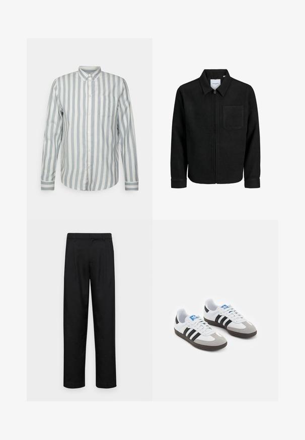 Zwarte zip-up jas met kraag en enkele borstzak, weergegeven op een witte achtergrond.; Overhemd met knopen in lichtblauw en crèmekleurige strepen. Heeft een klassieke kraag, lange mouwen en een borstzak. Zacht materiaal, comfortabele pasvorm.; Zwarte broeken van gladde stof, met een recht model, twee voorknikken en een standaard tailleband met riemlussen.; Sportschoenen met een witte leren bovenkant, grijze suède neus en drie zwarte strepen. Bevat een blauw logo op de tong en een gestructureerde rubberen zool.