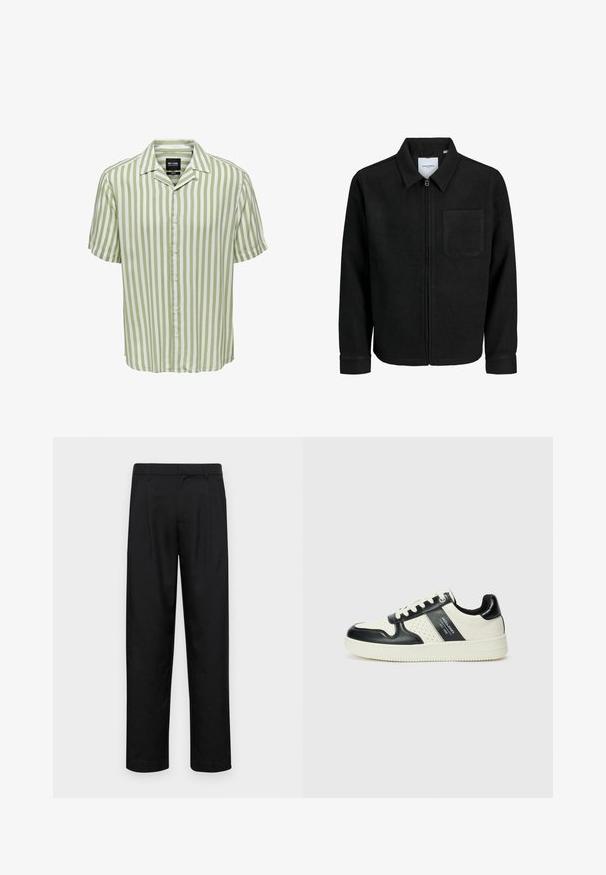 Giacca nera con zip, colletto e una tasca sul petto, mostrata su sfondo bianco.; Camicia a maniche corte a righe in verde chiaro e bianco. Presenta un colletto classico e una chiusura con bottoni, con una vestibilità comoda. Tessuto dalla texture liscia.; Pantaloni neri realizzati in tessuto liscio, caratterizzati da un taglio dritto, due pieghe frontali e una vita standard con passanti per la cintura.; Sneakers in pelle con una combinazione di colori nero e crema, dotati di dettagli perforati, collare imbottito e suola testurizzata.
