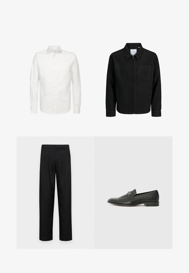 Giacca nera con zip, colletto e una tasca sul petto, mostrata su sfondo bianco.; Camicia bianca a maniche lunghe in tessuto liscio, con colletto classico e chiusura frontale a bottoni. Ha una vestibilità regolare e senza motivi visibili.; Pantaloni neri realizzati in tessuto liscio, caratterizzati da un taglio dritto, due pieghe frontali e una vita standard con passanti per la cintura.; Mocassino in pelle nera con finitura liscia, caratterizzato da un design cucito e da un accento decorativo in catena metallica sul vamp. Tacco piatto.