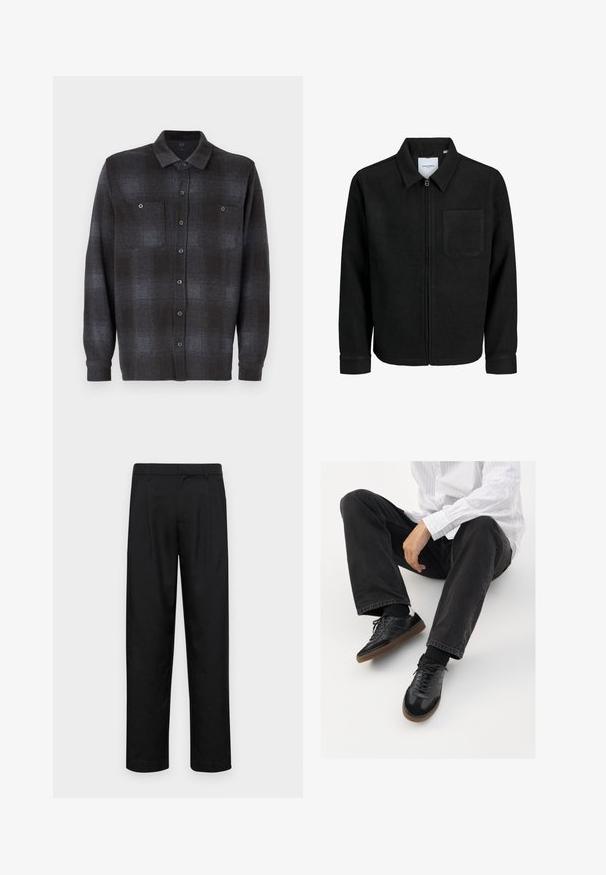 Musta vetoketjullinen takki, jossa on kaulus ja yksi rintatasku, esitelty valkoista taustaa vasten.; Pitkähihaista nappipaitaa musta ja tummanharmaa ruudullinen kuvio, jossa on kaksi rintataskua ja perinteinen kaulus. Sileä kangas.; Mustat housut, jotka on valmistettu sileästä kankaasta, suoran lahkeen muotoilulla, kahdella etupleekillä ja tavanomaisella vyötäröllä, jossa on vyölenkit.; Mustat tennarit, joissa on sileä ja teksturoitu päällyste, varustettuna kumipohjalla ja tummilla nauhoilla. Yhdistetty mustiin farkkuihin ja valko-raitaiseen paitaan.