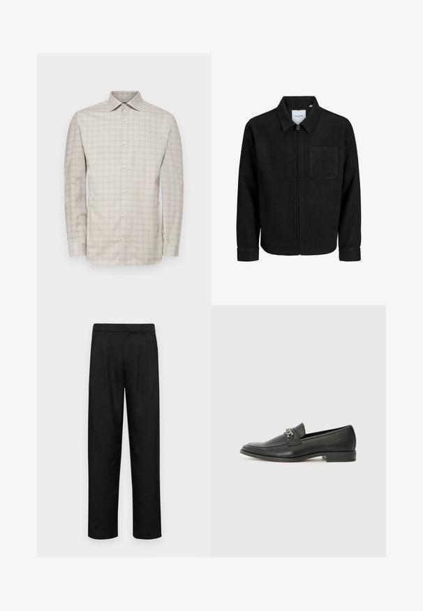 Mustaga lukuga jakker, millel on krae ja üks rinna-tasku, esitatud valgel taustal.; Kerge beez pikkade varrukatega nööbiga särk, millel on peen lõngakiri. Omab kraed ja nööpide esiosa, valmistatud kergest kangast.; Mustad mustadest riietest, millel on sirge jalgade disain, kaks eesmist voltimist ja tavaline vöökoht, millel on vöökohad.; Must haveate nahkking punased, millel on sile viimistlus, tikitud muster ja dekoratiivne metallkett vampi üle. Tasane konts.