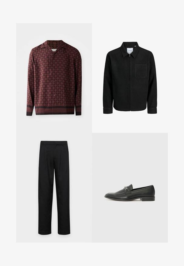 Melna jaka ar rāvējslēdzēju un apkakli, vienu krūšu kabatu, parādīta uz baltas fona.; Ilgi piedurkņu krekls ar bordo ģeometrisku rakstu, ar norādītu apkakli un pogu priekšpusi. Izgatavots no gludas auduma ar brīvu piegriezumu.; Melnas bikses, izgatavotas no gludas auduma, ar taisnu kāju dizainu, divām priekšējām krokām un standarta jostu, kurai ir āķi.; Melna ādas loafer izmēra apavi ar gludu virsmu, piedāvā ar šūtu dizainu un dekoratīvu metāla ķēdes akcentu pār vampu. Plakana papēža daļa.