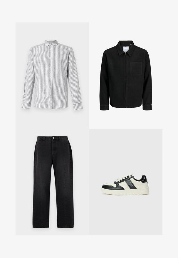 Czarna kurtka z zamkiem na całej długości, z kołnierzem i jedną kieszenią na piersi, umieszczona na białym tle.; Koszula z długim rękawem zapinana na guziki w jasnoszarym kolorze z białymi pionowymi paskami. Ma klasyczny kołnierzyk i mankiety z wzorem w paski.; Czarne dżinsy typu denim z prostymi nogawkami. Posiadają zapięcie na guzik, szlufki na pasek oraz dwie boczne kieszenie. Gładka tekstura, bez widocznych wzorów.; Skórzane sneakersy w czarno-kremowym schemacie kolorystycznym, z perforowanymi akcentami, wyściełanym kołnierzem i teksturowaną podeszwą.