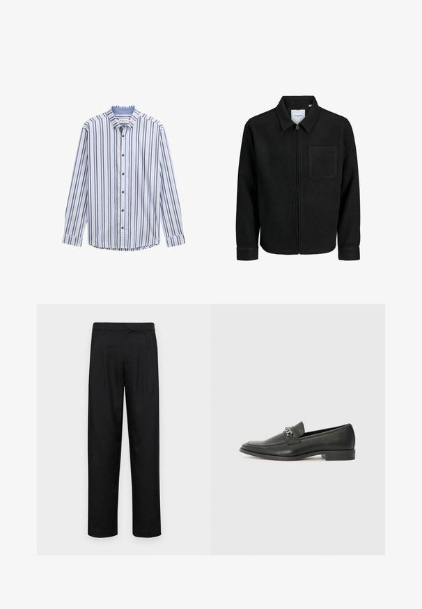 Zwarte zip-up jas met kraag en enkele borstzak, weergegeven op een witte achtergrond.; Gestreept overhemd in wit, blauw en paars. Heeft een kraag, lange mouwen en donkere knopen. Gladde katoenen stof. Rond afgeronde zoom.; Zwarte broeken van gladde stof, met een recht model, twee voorknikken en een standaard tailleband met riemlussen.; Zwarte leren instapper met een gladde afwerking, voorzien van een gestikt ontwerp en een decoratieve metalen kettingaccent over de wreef. Platte hak.