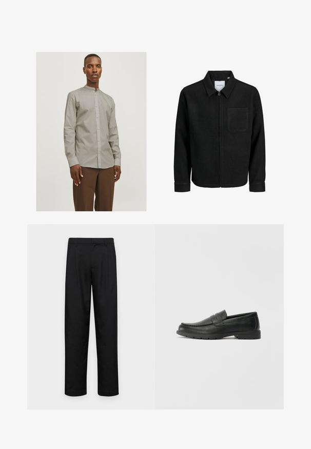 Čierna zipsová bunda s golierom a jednou náprsníkou, vystavená na bielom pozadí.; Jack & Jones JJJOE SHIRT PLAIN MAO - Košeľa - pure cashmere; Čierne nohavice vyrobené z hladkej tkaniny, s rovnými nohavicami, dvoma prednými skladmi a štandardným pásom s pútkami na opasok.; Čierne kožené mokasíny s hladkým povrchom, vrchnou časťou v štýle mokasín, prešitým detailom a gumovou podrážkou. Klasický dizajn s nízkym podpätkom.