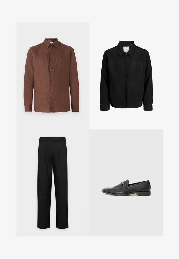 Giacca nera con zip, colletto e una tasca sul petto, mostrata su sfondo bianco.; Camicia a maniche lunghe in lino marrone con un'apertura frontale a bottoni, colletto aperto e bottoni neri. Texture liscia con un aspetto leggermente stropicciato.; Pantaloni neri realizzati in tessuto liscio, caratterizzati da un taglio dritto, due pieghe frontali e una vita standard con passanti per la cintura.; Mocassino in pelle nera con finitura liscia, caratterizzato da un design cucito e da un accento decorativo in catena metallica sul vamp. Tacco piatto.