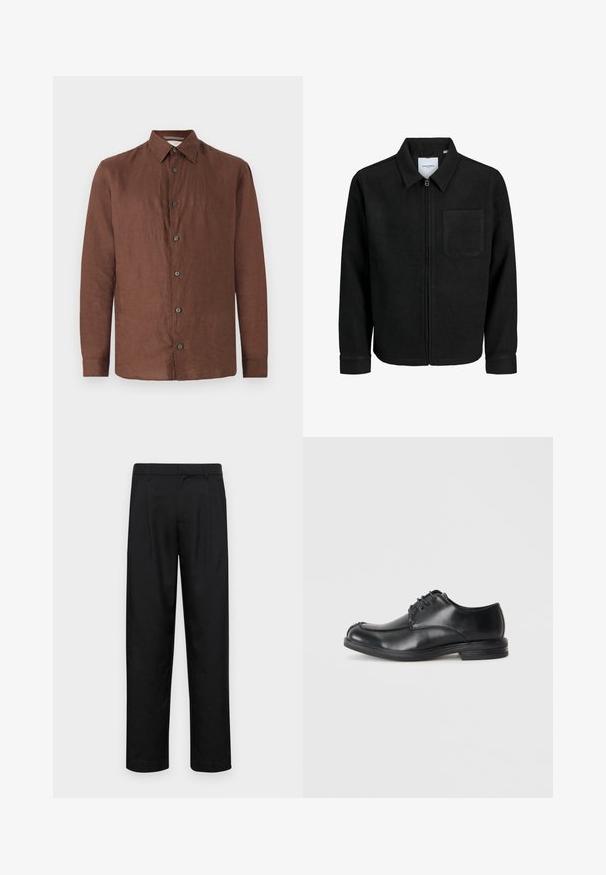 Jachetă neagră cu fermoar, cu guler și un singur buzunar pe piept, expusă pe fundal alb.; Cămașa lungă din in maro, cu mâneci lungi, are un guler răspândit și nasturi negri. Textura este netedă, cu un aspect ușor îngrijit.; Pantaloni negri dintr-un material neted, cu un design drept, două pliuri frontale și un tiv standard cu bucle pentru curea.; Pantofi din piele neagră, cu șireturi, cu vârful rotund, textură netedă și toc mic. Prezintă detalii cu cusături de-a lungul părții superioare și laterale.