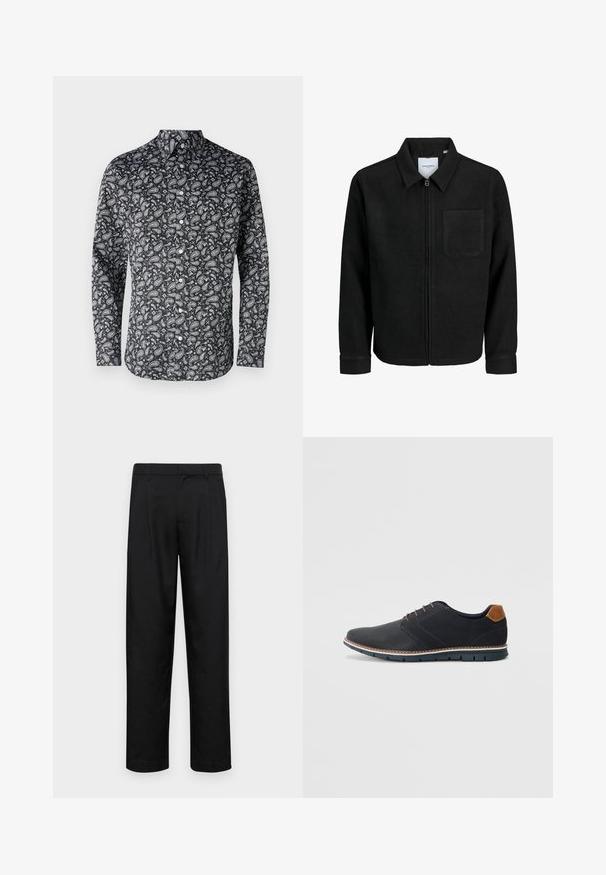 Črna jakna z zadrgo in ovratnikom ter enim žepom na prsih, prikazana na beli podlagi.; Selected Homme SLHSLIM PERFORMANCE SHIRT - Srajca - black paisley; Črne hlače iz gladkega materiala, s krojem ravne noge, dvema sprednjima pregiboma in standardnim pasom z zankami za pas.; Črne sintetične čevlje z teksturirano zgornjščino, gladkimi akcenti, rjavim petnim delom in kontrastnim podplatom. Imajo minimalno vezanje in detajle šivanja.