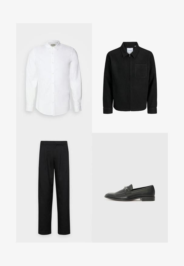 Black zip-up jacket with collar and single chest pocket, displayed on white background.; White button-up shirt made of cotton with a classic collar, long sleeves, and subtle embroidery on the left chest. Features beige buttons.; Black trousers made of smooth fabric, featuring a straight-leg design, two front pleats, and standard waistband with belt loops.; Black leather loafer with a smooth finish, featuring a stitched design and a decorative metal chain accent across the vamp. Flat heel.