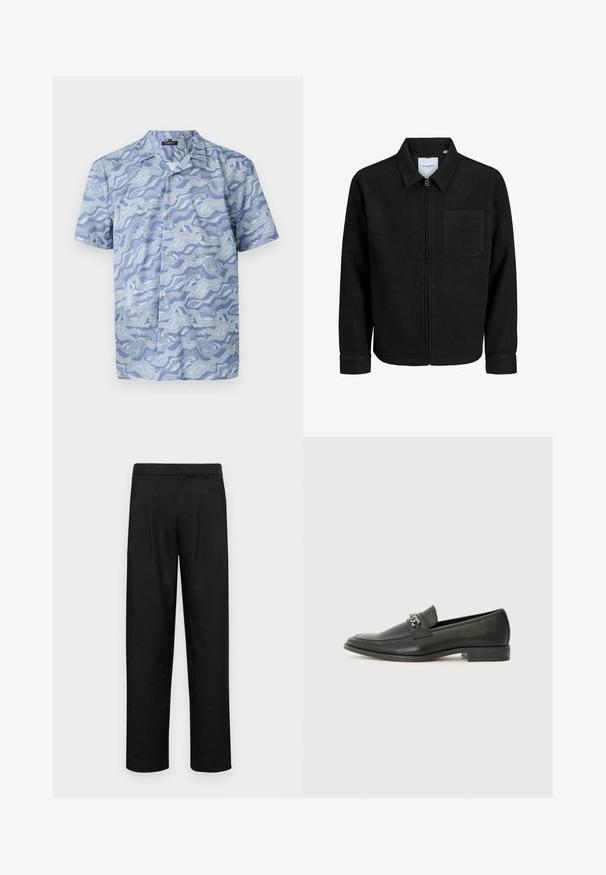 Černá zipová bunda s límečkem a jednou kapsou na hrudi, vystavená na bílém pozadí.; Košile s krátkým rukávem v světle modré barvě se vzorem vln. Vyrobena z měkkého materiálu, s knoflíkovým zapínáním a límcem ve stylu kempu.; Černé kalhoty vyrobené z hladké látky, s rovnou nohavicí, dvěma předními sklady a standardním pasem se poutky na opasek.; Černé kožené mokasíny s hladkým povrchem, s prošívaným designem a dekoračním kovovým řetízkem přes nárt. Plochý podpatek.