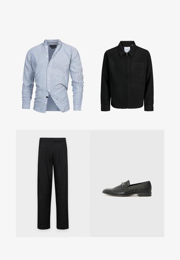 Schwarze Zip-Jacke mit Kragen und einer einzelnen Brusttasche, auf weißem Hintergrund präsentiert.; Helles blau gestreiftes Hemd aus Stoff mit vertikalen weißen Streifen. Verfügt über einen Kentkragen und lange Ärmel mit Knopfmanschetten.; Schwarze Hose aus glattem Stoff, mit geradem Bein Design, zwei vorderen Falten und einem Standardbund mit Gürtelschlaufen.; Schwarzer Lederloafer mit glatter Oberfläche, ausgestattet mit einer gesteppten Gestaltung und einem dekorativen Metallkettendetail über dem Vorderblatt. Flacher Absatz.