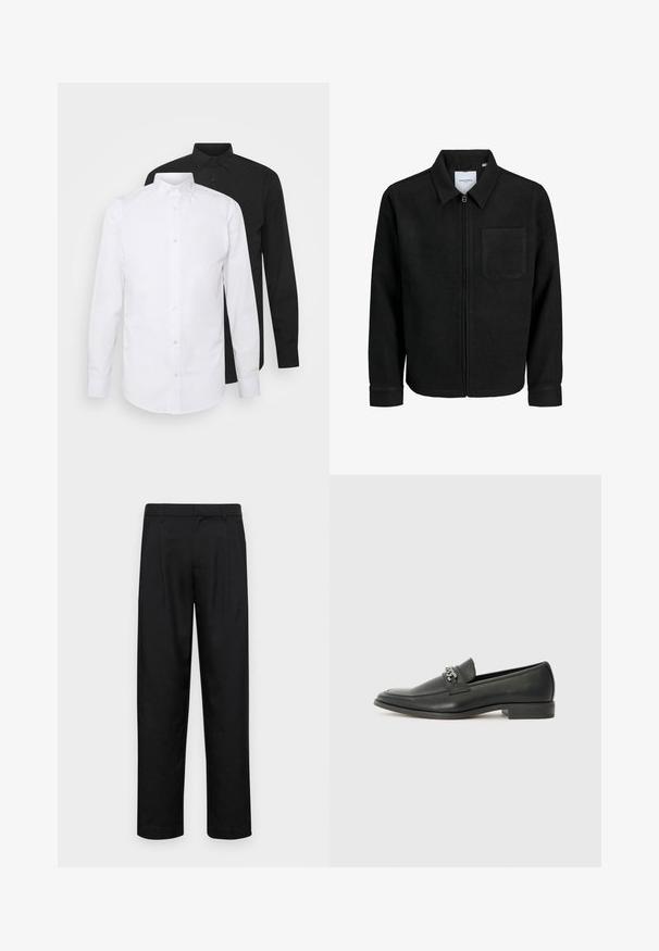 Sort lynlåsjakke med krave og en enkelt brystlomme, vist på hvid baggrund.; To lange langærmede skjorter, en hvid og en sort, med spidse kraver og knaplukning, lavet af glat stof.; Sorte bukser lavet af glat stof, med et lige ben-design, to frontfolder og en standard talje med bæltestropper.; Sorte læder loafers med en glat finish, der har et syet design og et dekorativt metal kædeaccent hen over vamps. Flad hæl.
