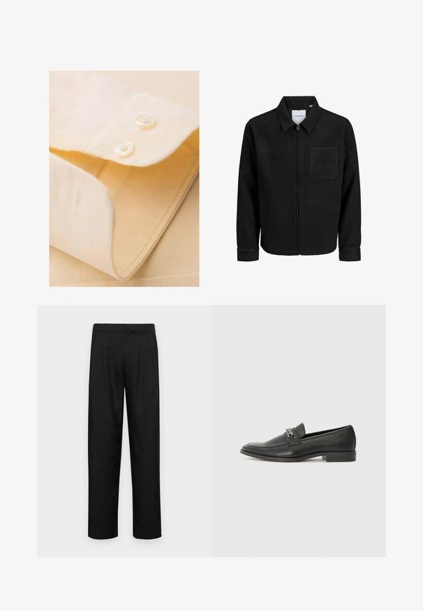 Zwarte zip-up jas met kraag en enkele borstzak, weergegeven op een witte achtergrond.; Lichtgele shirtkraag met twee witte knopen, netjes opgevouwen, met een soepele textuur en fijne stikseldetails.; Zwarte broeken van gladde stof, met een recht model, twee voorknikken en een standaard tailleband met riemlussen.; Zwarte leren instapper met een gladde afwerking, voorzien van een gestikt ontwerp en een decoratieve metalen kettingaccent over de wreef. Platte hak.