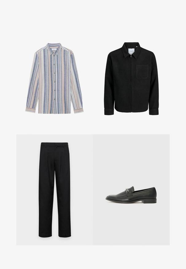 Zwarte zip-up jas met kraag en enkele borstzak, weergegeven op een witte achtergrond.; Overhemd met lange mouwen, voorzien van verticale strepen in blauw, beige en wit. Gemaakt van een textuurstof, met een kraag en metalen knopen.; Zwarte broeken van gladde stof, met een recht model, twee voorknikken en een standaard tailleband met riemlussen.; Zwarte leren instapper met een gladde afwerking, voorzien van een gestikt ontwerp en een decoratieve metalen kettingaccent over de wreef. Platte hak.
