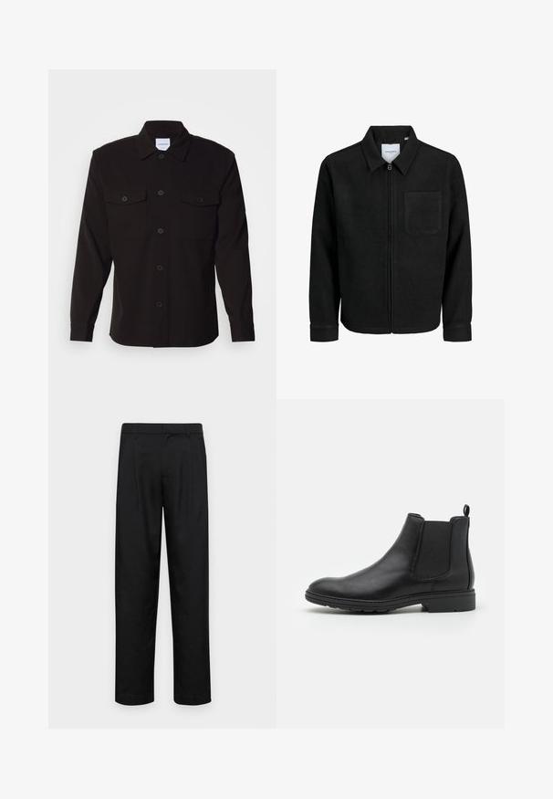Juodas džemperis su užtrauktuku, apykakle ir vienu krūtiniu kišenėje, pristatytas baltame fone.; Juodas ilgas rankovės marškinis su mygtukų užsegimu, dviem krūtinės kišenėmis ir struktūrizuotu apykakle. Pagamintas iš vientisos medžiagos su lygiu paviršiumi.; Juodi kelnių modeliai, pagaminti iš lygios medžiagos, turi tiesią kojas, du priekiniai klostės ir standartinę juosmenį su diržo kilpomis.; Juodas odinis Čelsio batų modelis su elastinėmis šoninėmis juostelėmis ir kilpike, apvalia nosimi ir tekstūruotu guminiu padu.