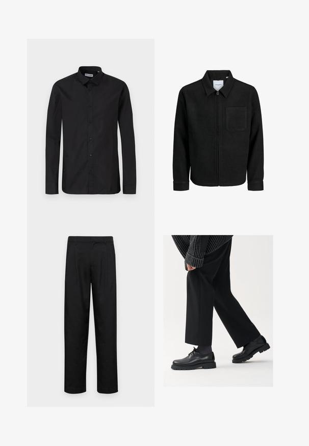 Zwarte zip-up jas met kraag en enkele borstzak, weergegeven op een witte achtergrond.; Zwarte lange mouwen overhemd met knopen en een klassieke kraag, gemaakt van een gladde stof, met knopen aan de voorkant en een reguliere pasvorm.; Zwarte broeken van gladde stof, met een recht model, twee voorknikken en een standaard tailleband met riemlussen.; Zwarte leren schoenen met een afgeronde neus, vetersluiting en een dikke, getextureerde zool. Draagt een gepaste zwarte broek en een geribbelde trui.