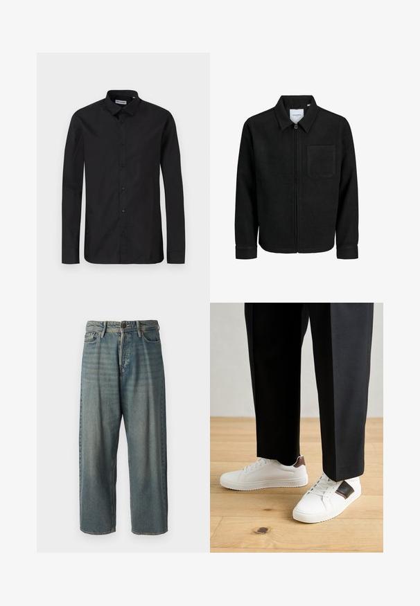 Melna jaka ar rāvējslēdzēju un apkakli, vienu krūšu kabatu, parādīta uz baltas fona.; Melnas garām piedurknēm pogājamas krekls ar klasisku apkakli, izgatavots no gludas auduma, ar priekšējām pogām un regulāras piegriezuma dizainu.; Gaiši zili džinsi ar brīvu piegriezumu, vidējo jostas augstumu un taisnām kājām. Satur piecas kabatas, jostas cilpas un pogu aizdari.; Baltā pārsoļa apavi ar gludu tekstūru, papildināti ar brūniem ādas akcentiem un melniem elementiem, savienoti ar melnām pielāgotām biksēm. Koka grīdas fons.