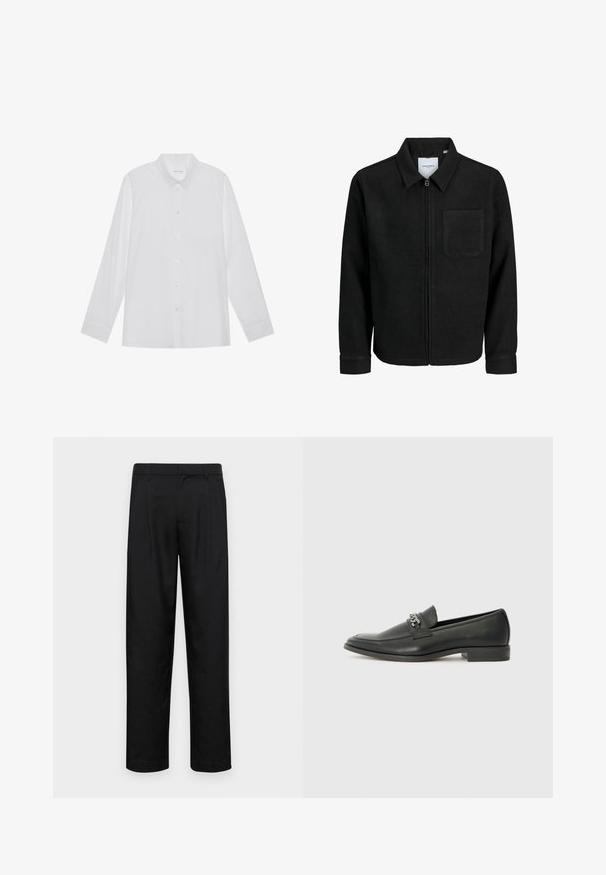 Giacca nera con zip, colletto e una tasca sul petto, mostrata su sfondo bianco.; Camicia bianca a maniche lunghe realizzata in tessuto liscio, con colletto a punta, chiusura con bottoni frontale e polsini con un bottone.; Pantaloni neri realizzati in tessuto liscio, caratterizzati da un taglio dritto, due pieghe frontali e una vita standard con passanti per la cintura.; Mocassino in pelle nera con finitura liscia, caratterizzato da un design cucito e da un accento decorativo in catena metallica sul vamp. Tacco piatto.