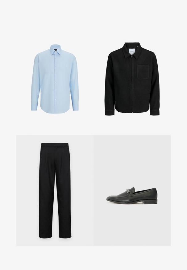 Melna jaka ar rāvējslēdzēju un apkakli, vienu krūšu kabatu, parādīta uz baltas fona.; Gai zils garām piedurknēm krekliņš, izgatavots no gludas auduma, ar pogājamu priekšpusi, norādītu apkakli un regulāru piegriezumu.; Melnas bikses, izgatavotas no gludas auduma, ar taisnu kāju dizainu, divām priekšējām krokām un standarta jostu, kurai ir āķi.; Melna ādas loafer izmēra apavi ar gludu virsmu, piedāvā ar šūtu dizainu un dekoratīvu metāla ķēdes akcentu pār vampu. Plakana papēža daļa.
