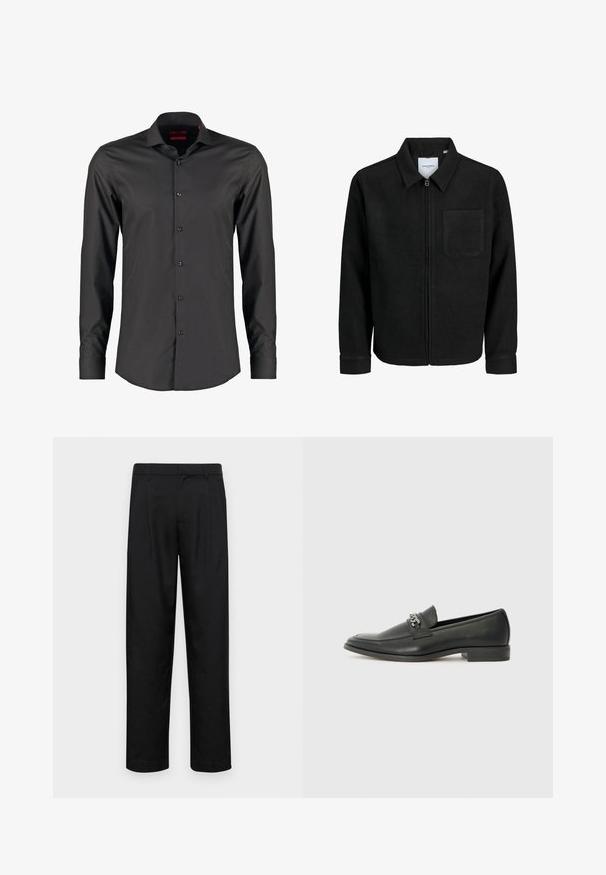 Melna jaka ar rāvējslēdzēju un apkakli, vienu krūšu kabatu, parādīta uz baltas fona.; Melns garām piedurknēm krekls ar šauru piegriezumu, izgatavots no gludas auduma. Aprīkots ar smailu apkakli un sešiem pogām pa priekšu.; Melnas bikses, izgatavotas no gludas auduma, ar taisnu kāju dizainu, divām priekšējām krokām un standarta jostu, kurai ir āķi.; Melna ādas loafer izmēra apavi ar gludu virsmu, piedāvā ar šūtu dizainu un dekoratīvu metāla ķēdes akcentu pār vampu. Plakana papēža daļa.
