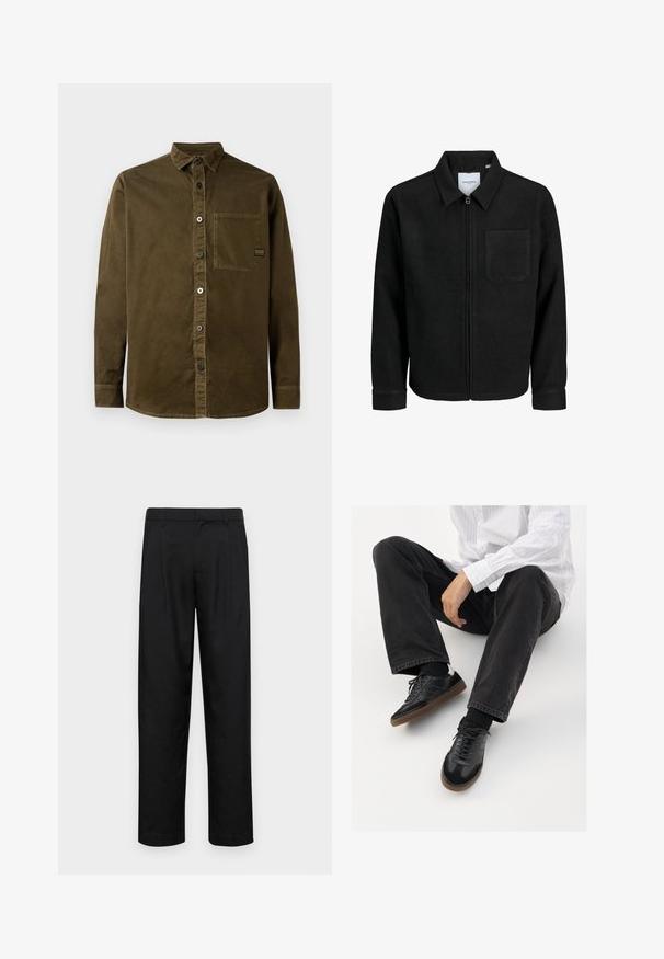 Giacca nera con zip, colletto e una tasca sul petto, mostrata su sfondo bianco.; Camicia button-up in cotone verde oliva scuro, con colletto a punta, taschino singolo sul petto e orlo arrotondato con dettagli di cucitura sottili.; Pantaloni neri realizzati in tessuto liscio, caratterizzati da un taglio dritto, due pieghe frontali e una vita standard con passanti per la cintura.; Sneaker nere con una tomaia liscia e testurizzata, con suola in gomma e lacci scuri. Abbinati a jeans neri e una camicia bianca a righe.