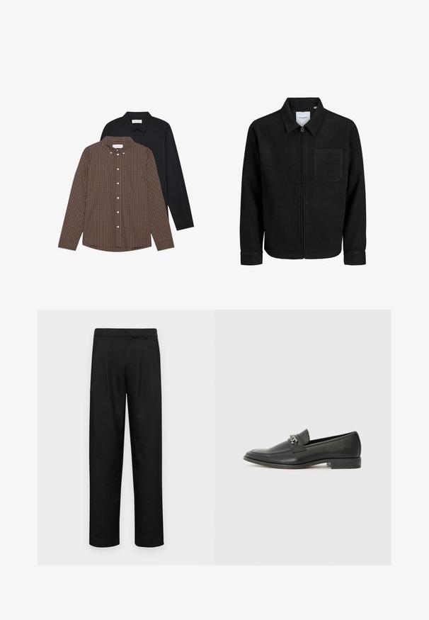Sort lynlåsjakke med krave og en enkelt brystlomme, vist på hvid baggrund.; To lange skjorter med lange ærmer: en brunternet med knapper og en sort ensfarvet. Begge har knap-ned kraver og manchetter.; Sorte bukser lavet af glat stof, med et lige ben-design, to frontfolder og en standard talje med bæltestropper.; Sorte læder loafers med en glat finish, der har et syet design og et dekorativt metal kædeaccent hen over vamps. Flad hæl.