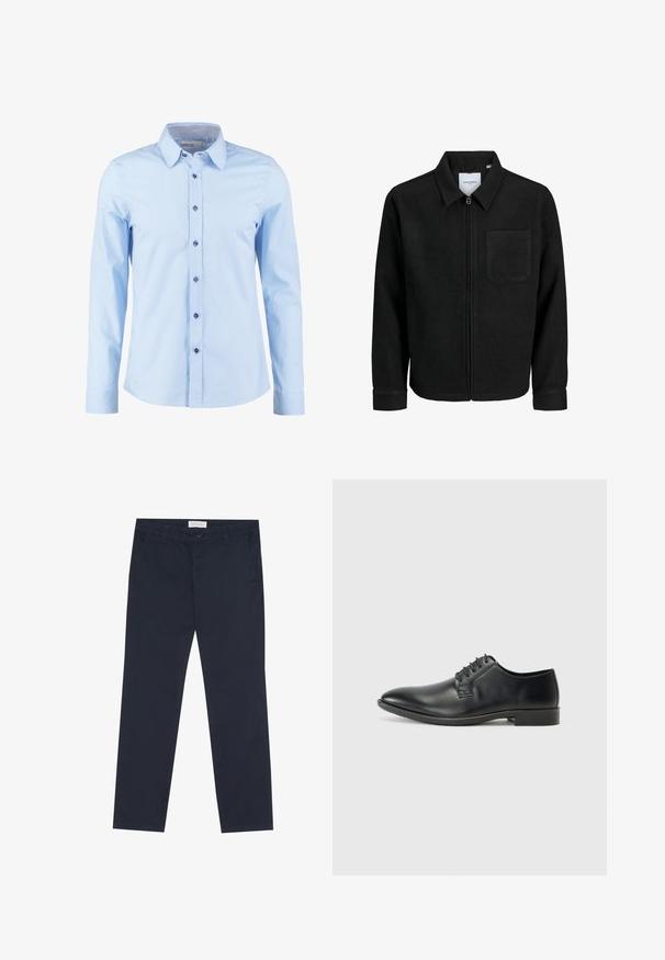 Czarna kurtka z zamkiem na całej długości, z kołnierzem i jedną kieszenią na piersi, umieszczona na białym tle.; Jasnoniebieska koszula z długim rękawem z kołnierzykiem zapinanym na guziki, z ciemnoniebieskimi guzikami i kraciastym akcentem wewnątrz kołnierza.; Granatowe chinosy wykonane z bawełny o gładkiej fakturze, z zamkiem błyskawicznym, szlufkami na pasek i kieszeniami bocznymi dla wygody.; Czarne skórzane sznurowane buty o gładkim wykończeniu, z ostrym noskiem i niskim blokowym obcasem. Posiadają pięć par oczek na sznurówki.