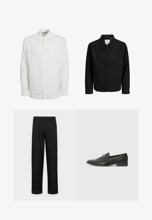 Zwarte zip-up jas met kraag en enkele borstzak, weergegeven op een witte achtergrond.; Witte lange mouwen shirt van linnen, met een knoopsluiting aan de voorkant, klassieke kraag en subtiele textuur. De mouwen eindigen bij de pols met knoopmanchetten.; Zwarte broeken van gladde stof, met een recht model, twee voorknikken en een standaard tailleband met riemlussen.; Zwarte leren instapper met een gladde afwerking, voorzien van een gestikt ontwerp en een decoratieve metalen kettingaccent over de wreef. Platte hak.