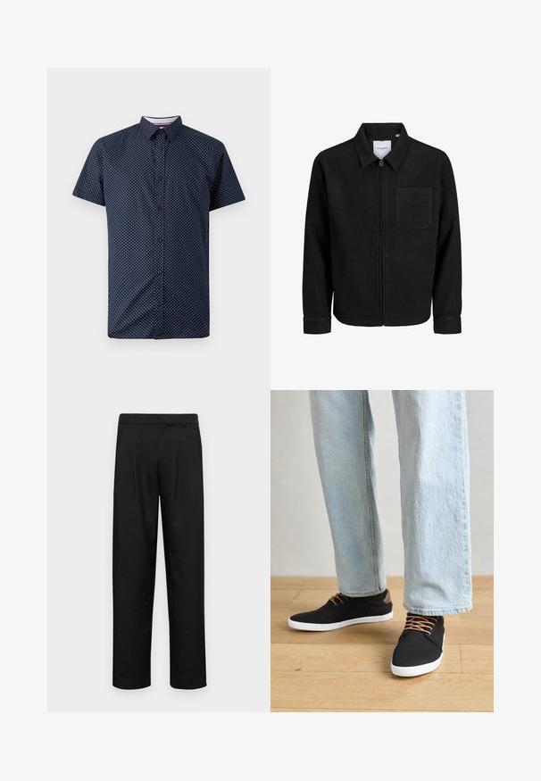 Jachetă neagră cu fermoar, cu guler și un singur buzunar pe piept, expusă pe fundal alb.; Cămașă cu mânecă scurtă din material albastru închis cu un model de buline albe, având un gât button-down și un guler clasic.; Pantaloni negri dintr-un material neted, cu un design drept, două pliuri frontale și un tiv standard cu bucle pentru curea.; Tenisi negri din pânză cu accente maro, talpă din cauciuc alb și șireturi maro, asortați cu blugi drepti de culoare albastră deschisă. Fundal din lemn.