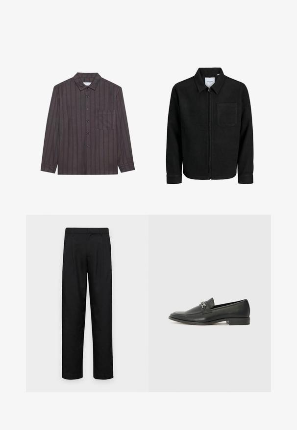 Veste zippée noire avec col et poche poitrine unique, présentée sur fond blanc.; Chemise marron à manches longues avec des rayures verticales bleu marine, col boutonné, poche avant et boutons noirs, fabriquée en tissu léger.; Pantalons noirs en tissu lisse, avec une coupe droite, deux plis avant et une taille standard avec passants de ceinture.; Mocassin en cuir noir avec une finition lisse, présentant un design cousu et une accent décoratif en chaîne métallique sur le rand. Talon plat.