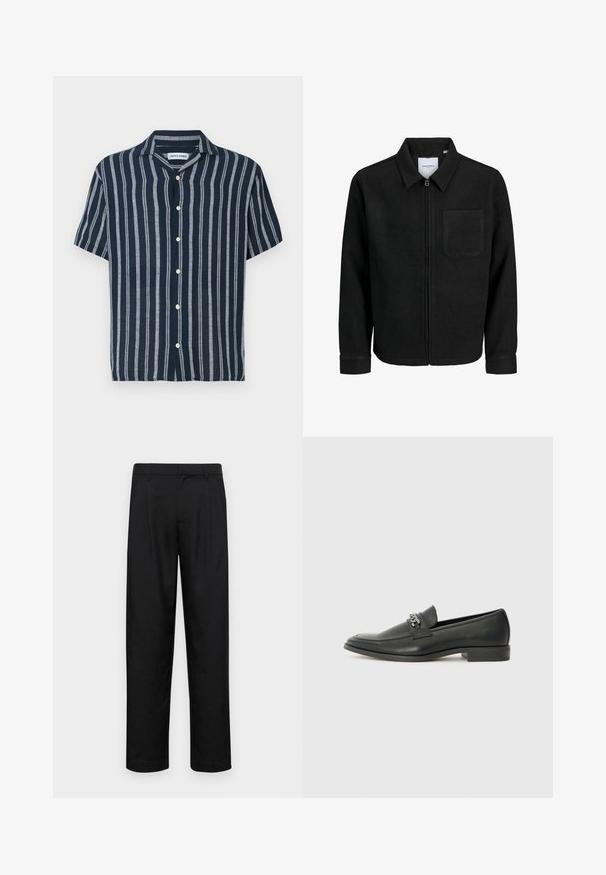 Musta vetoketjullinen takki, jossa on kaulus ja yksi rintatasku, esitelty valkoista taustaa vasten.; Lyhythihainen nappikauluspaita tummansinisellä ja vaaleansinisellä raidalla. Ominaisuuksina klassinen kaulus ja viisi nappia edessä. Valmistettu kevyestä kankaasta.; Mustat housut, jotka on valmistettu sileästä kankaasta, suoran lahkeen muotoilulla, kahdella etupleekillä ja tavanomaisella vyötäröllä, jossa on vyölenkit.; Musta nahkakengät, joissa on sileä pinta, koristeelliset ompeleet ja metalliketjun yksityiskohta kengän päällä. Littee korko.