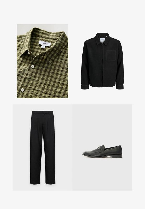 Giacca nera con zip, colletto e una tasca sul petto, mostrata su sfondo bianco.; Camicia corta a maniche corte in tartan verde realizzata in tessuto morbido, con colletto button-down e bottoni bianchi, con etichetta e tag di dimensioni attaccati.; Pantaloni neri realizzati in tessuto liscio, caratterizzati da un taglio dritto, due pieghe frontali e una vita standard con passanti per la cintura.; Mocassino in pelle nera con finitura liscia, caratterizzato da un design cucito e da un accento decorativo in catena metallica sul vamp. Tacco piatto.