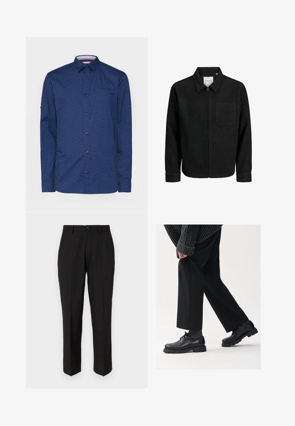 Crna jakna na zip s ovratnikom i jednim džepom na prsima, prikazana na bijeloj pozadini.; Mornarice plava košulja s bijelim točkicama, dugih rukava, s dugmadi sprijeda, jednim džepom na prsima i kontrastnim detaljem na unutarnjem ovratniku.; Crne hlače od glatkog materijala, s ravnim krojem, prednjim džepovima, jednim dugmetom za kopčanje i bez vidljivih uzoraka.; Crne kožne cipele s okruglim nosom, dizajnom na vezivanje i debelim, teksturiranim potplatom. Nosive s krojenim crnim hlačama i rebrastim puloverom.