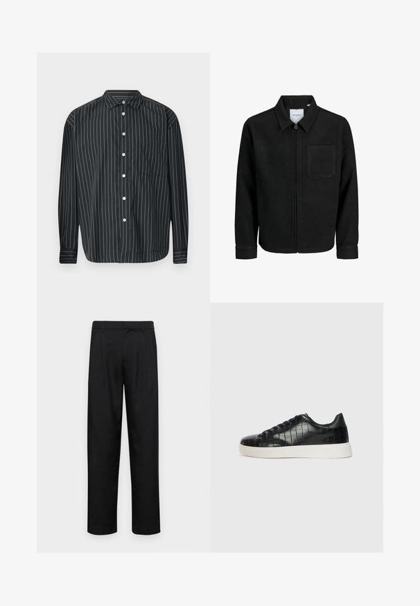 Black zip-up jacket with collar and single chest pocket, displayed on white background.; Black long-sleeve button-up shirt with thin white vertical stripes, single chest pocket, smooth fabric, and classic collar design.; Black trousers made of smooth fabric, featuring a straight-leg design, two front pleats, and standard waistband with belt loops.; Black sneakers featuring a textured croc-embossed leather upper, rounded toe, and a contrasting white rubber sole with a smooth finish.