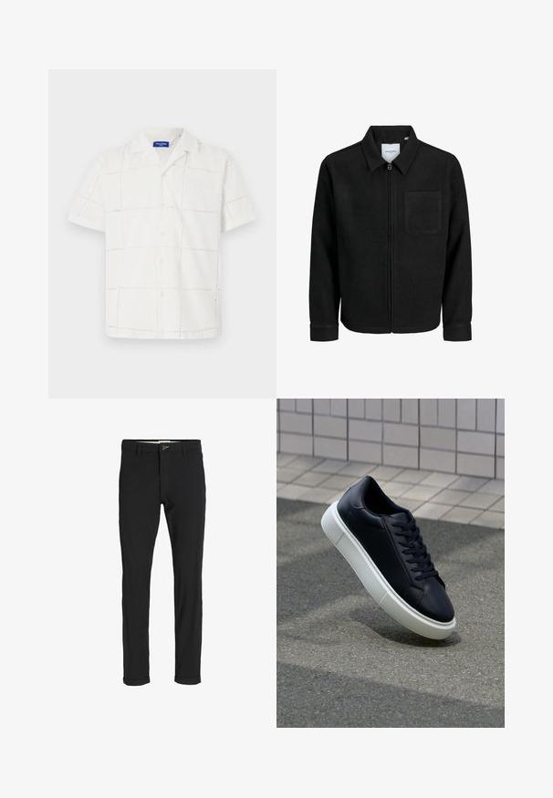 Sort lynlåsjakke med krave og en enkelt brystlomme, vist på hvid baggrund.; Kortærmet hvid skjorte lavet af stof med et struktureret gittermønster. Har krave og knaplukning foran med diskrete syninger.; Sorte bomuldsblandede bukser med slim fit, der har en knaplukning, lommer og opbrugte stumper for et afslappet udtryk.; Sort lædersneaker med rund tå og hvid gummisål. Har flade snørebånd og minimal syning på overdelen. Tekstureret sål for bedre greb.