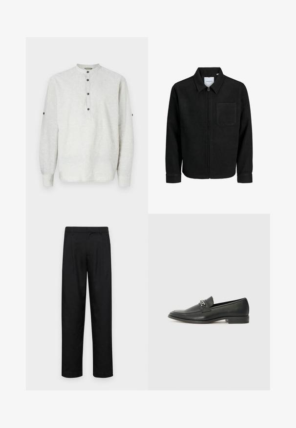 Giacca nera con zip, colletto e una tasca sul petto, mostrata su sfondo bianco.; Camicia a maniche lunghe grigia chiara in lino, con colletto alto, patta con tre bottoni e dettagli con bottoni sulle maniche.; Pantaloni neri realizzati in tessuto liscio, caratterizzati da un taglio dritto, due pieghe frontali e una vita standard con passanti per la cintura.; Mocassino in pelle nera con finitura liscia, caratterizzato da un design cucito e da un accento decorativo in catena metallica sul vamp. Tacco piatto.