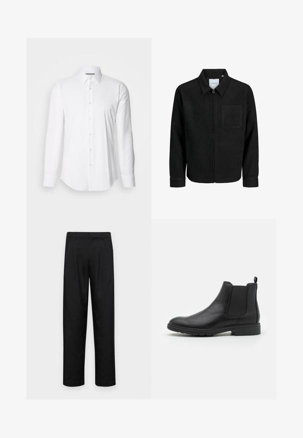 Čierna zipsová bunda s golierom a jednou náprsníkou, vystavená na bielom pozadí.; Biela košeľa s dlhými rukávmi vyrobená z hladkej tkaniny, s klasickým golierom a zapínaním na gombíky, s obrúbeným spodným okrajom. Gombíky sú jemne lesklé.; Čierne nohavice vyrobené z hladkej tkaniny, s rovnými nohavicami, dvoma prednými skladmi a štandardným pásom s pútkami na opasok.; Čierne kožené Chelsea čižmy s elastickými bočnými panelmi a pútkom, s okrouhlym špičkou a texturovanou gumenou podrážkou.