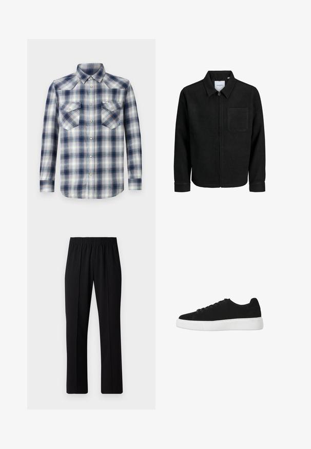 Svart zip-jacka med krage och en enda bröstficka, visad på vit bakgrund.; Långärmad rutskjorta med ett blått och vitt rutig mönster, två bröstfickor och knappstängning framtill med silverfärgade detaljer.; Svart, elastisk midja byxor med raka ben, med en mjuk yta och utan synliga mönster eller metalldetaljer.; Svart mockaskor med rund tå, snörning fram och vit gummisula. Enkelt design med minimala accenter och mjuk textur.